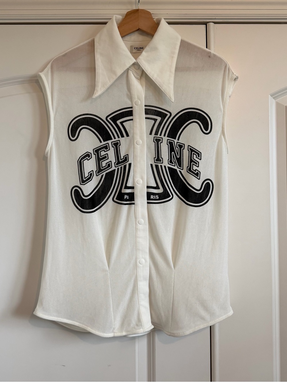 Celine White Sleeveless Logo Button-Front Muscle Tee